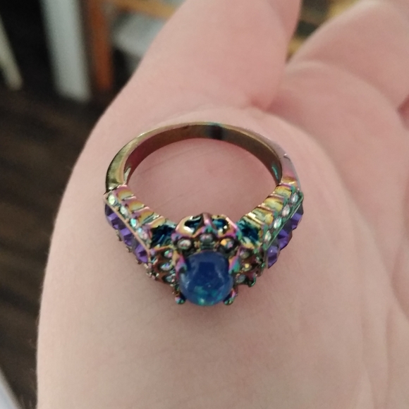 Metallic Rainbow Fire Opal Gemstone Cluster Ring 9 - Picture 12 of 14